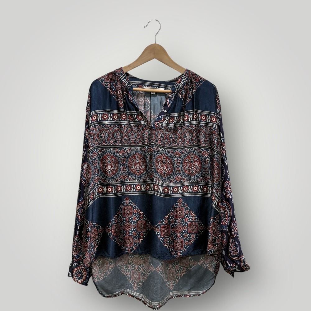 Valerie Khalfon Paris Boho Print V Neck Long Sleeve Blouse‎ Top Womens Size 40